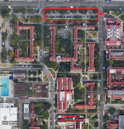 parking map that shows available parking in murphree lot relative to pugh hall